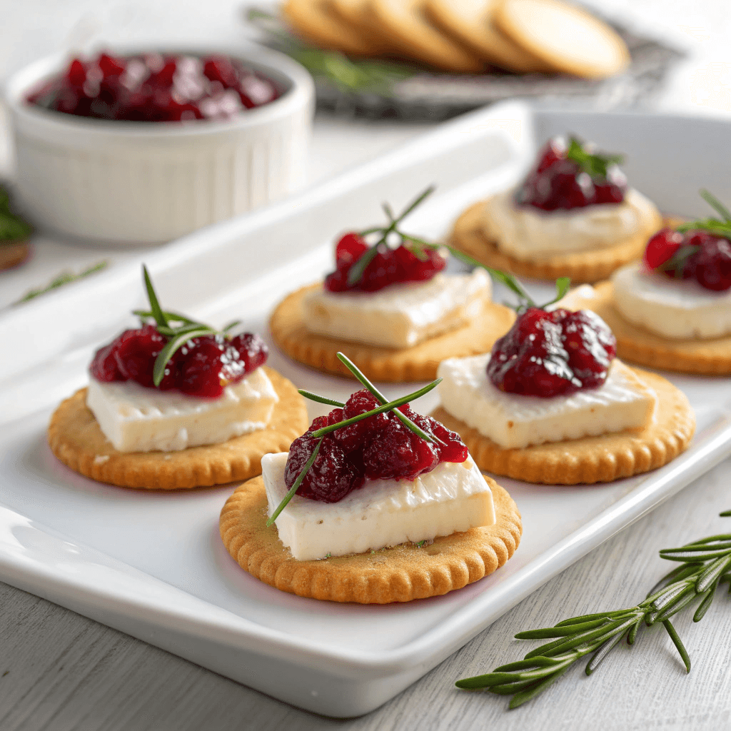 Cranberry brie bites arranged on a white plate with bright natural lighting and minimal background.