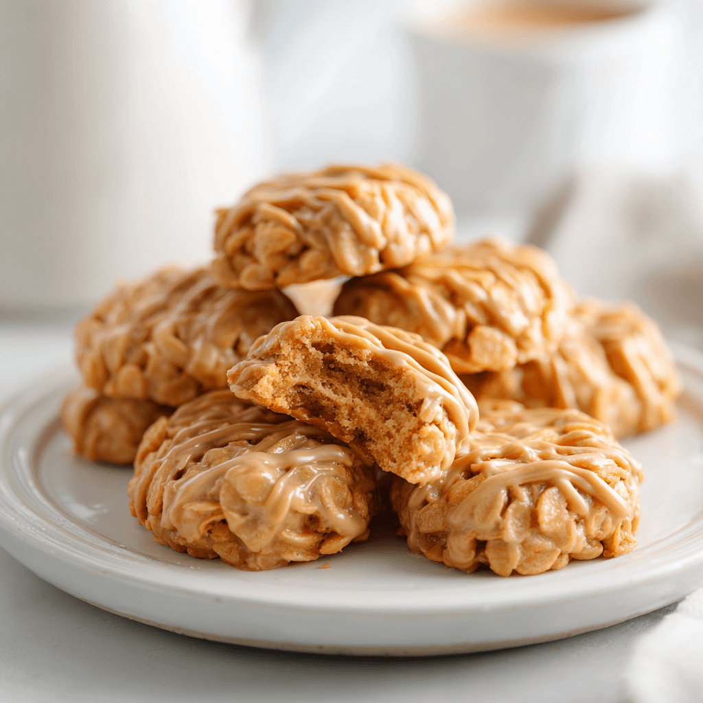 No-bake haystack cookies neatly arranged on a white plate, showing golden peanut butter and butterscotch texture in soft natural lighting.