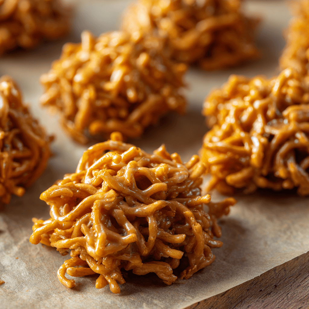 Overhead view of no-bake haystack cookies on parchment paper, showing golden peanut butter and butterscotch coating on crunchy chow mein noodles.