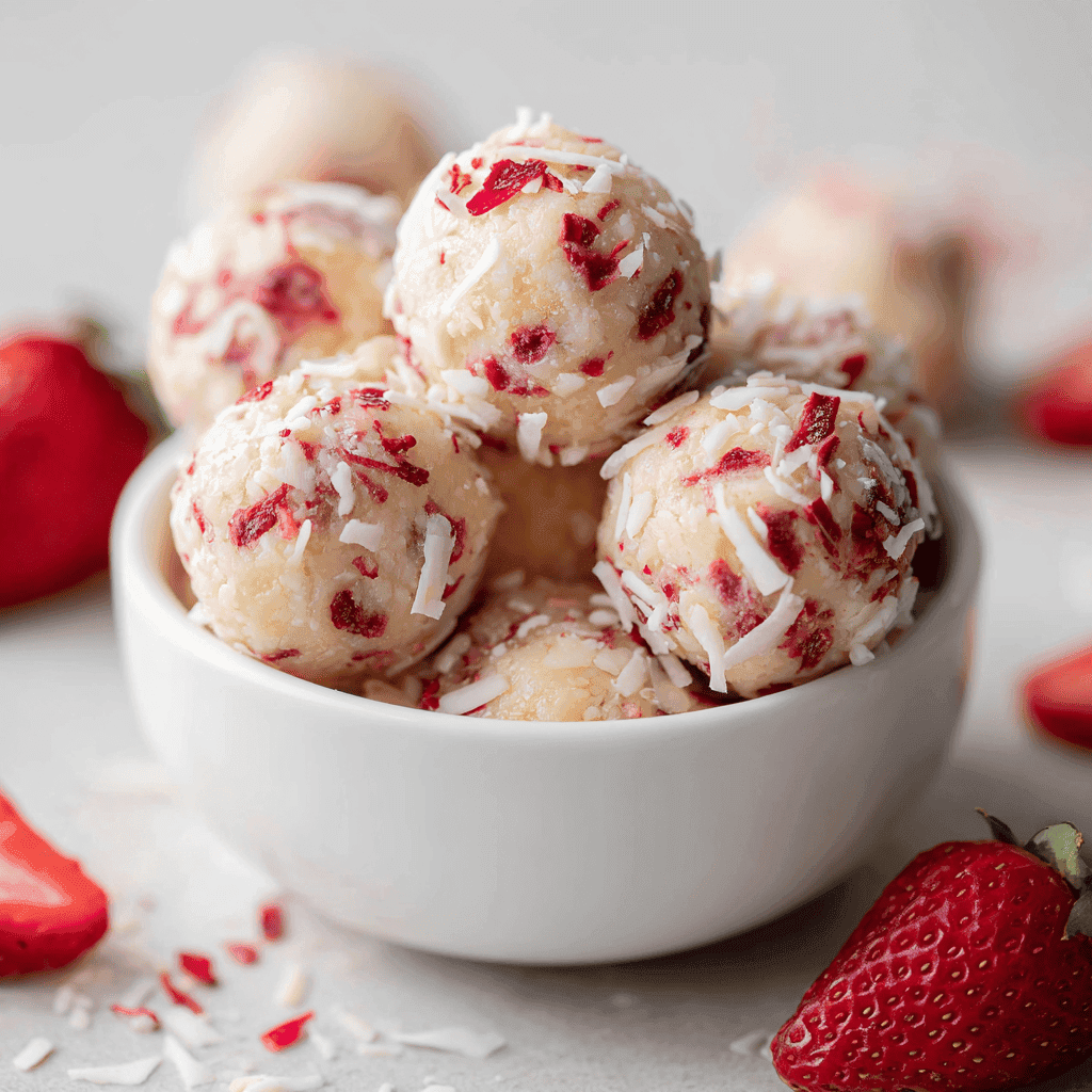 Close-up bowl of no-bake strawberry cheesecake protein balls with visible strawberry pieces and sprinkles.