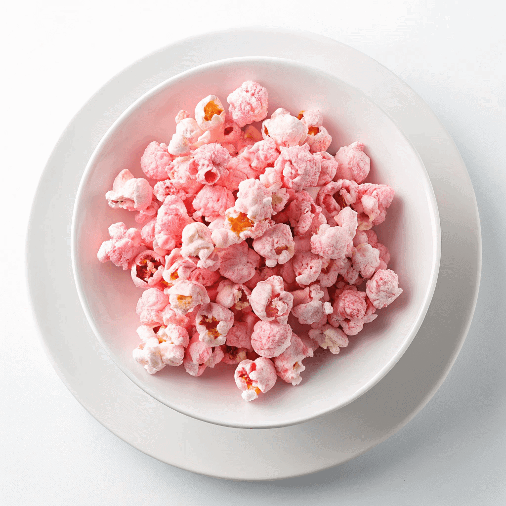 Old Fashioned Pink Popcorn: A Nostalgic, Crunchy Treat 2 Pink glazed old fashioned popcorn centered on a white plate with clean minimal styling.