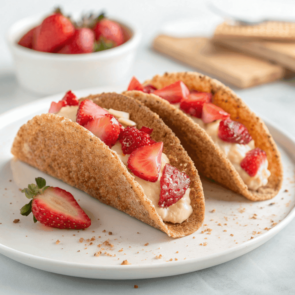 Strawberry cheesecake tacos displayed simply on a white plate.