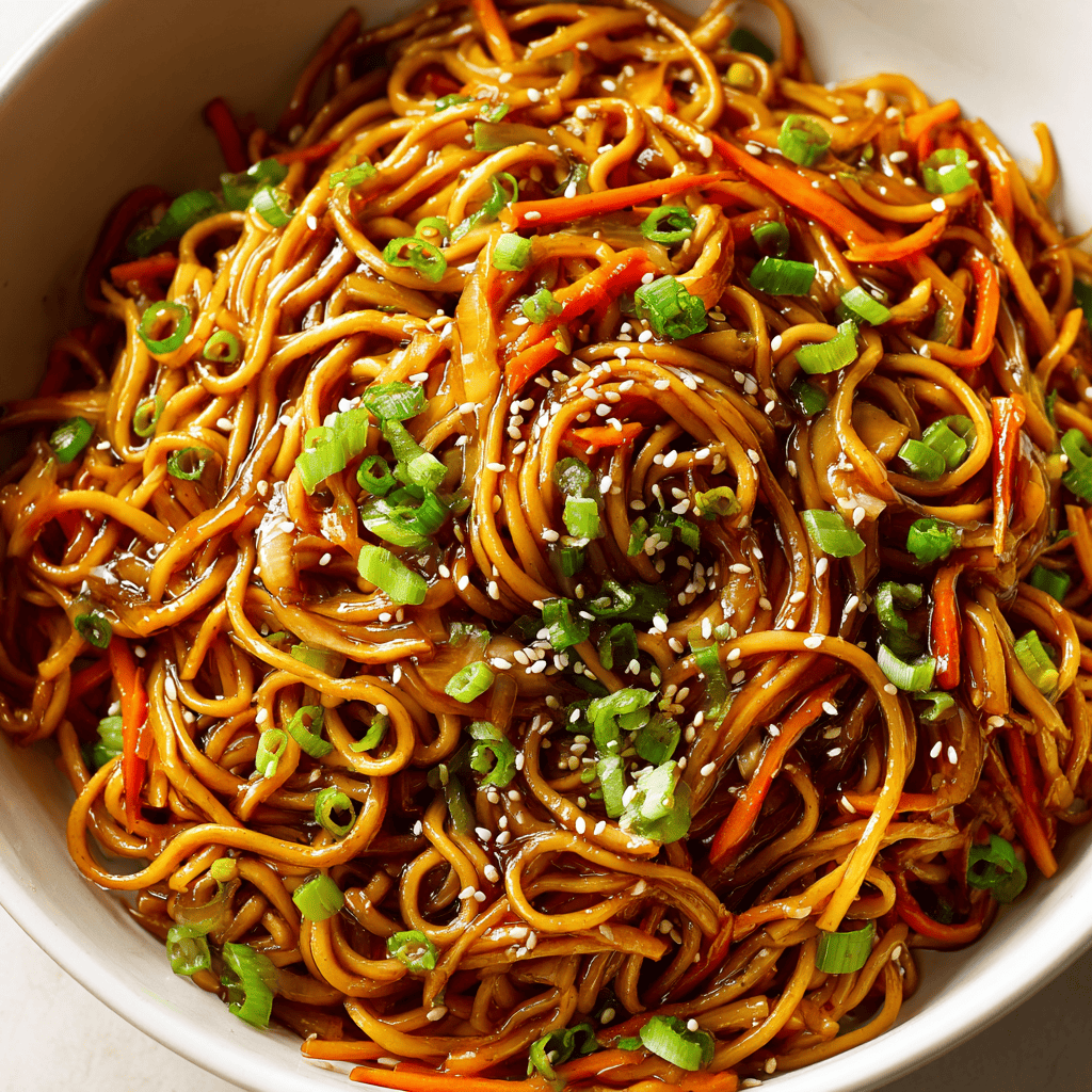 Easy One-Pot Teriyaki Noodles with Chicken and Veggies 4 Bowl of glossy teriyaki noodles with carrots, onions, sesame seeds, and green onions in sharp detail.