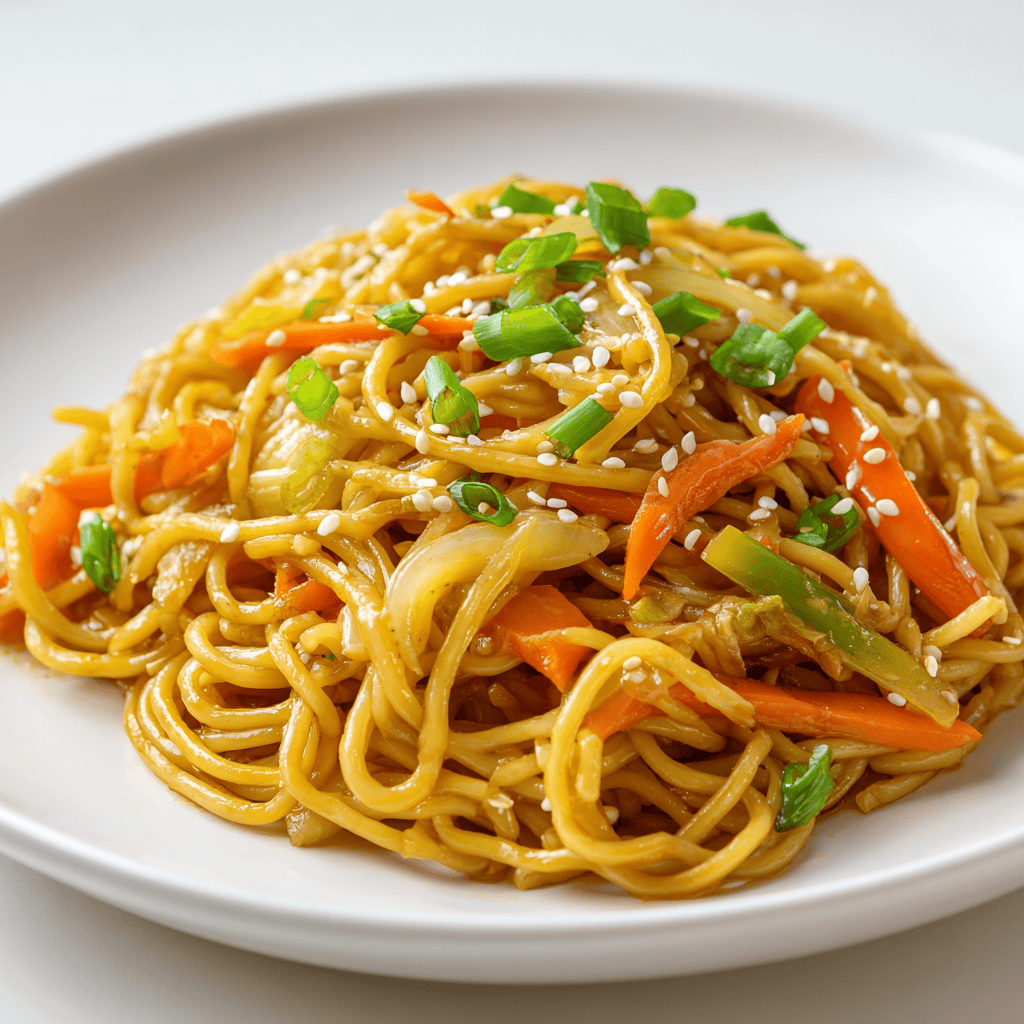 Easy One-Pot Teriyaki Noodles with Chicken and Veggies 2 One-pot teriyaki noodles served neatly on a white plate with vegetables and sesame seeds visible.
