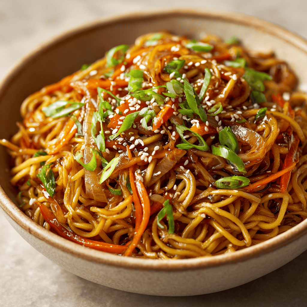 Easy One-Pot Teriyaki Noodles with Chicken and Veggies 1 Close-up bowl of teriyaki noodles with vegetables and sesame seeds, shown in clear detail.