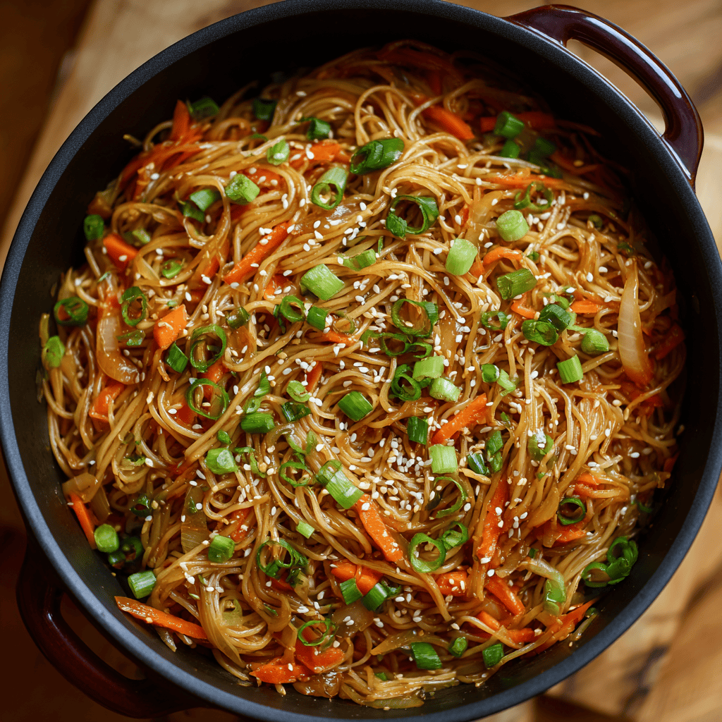Easy One-Pot Teriyaki Noodles with Chicken and Veggies 3 Full pot of teriyaki noodles with vegetables and sesame seeds shown clearly from a pulled-back angle.