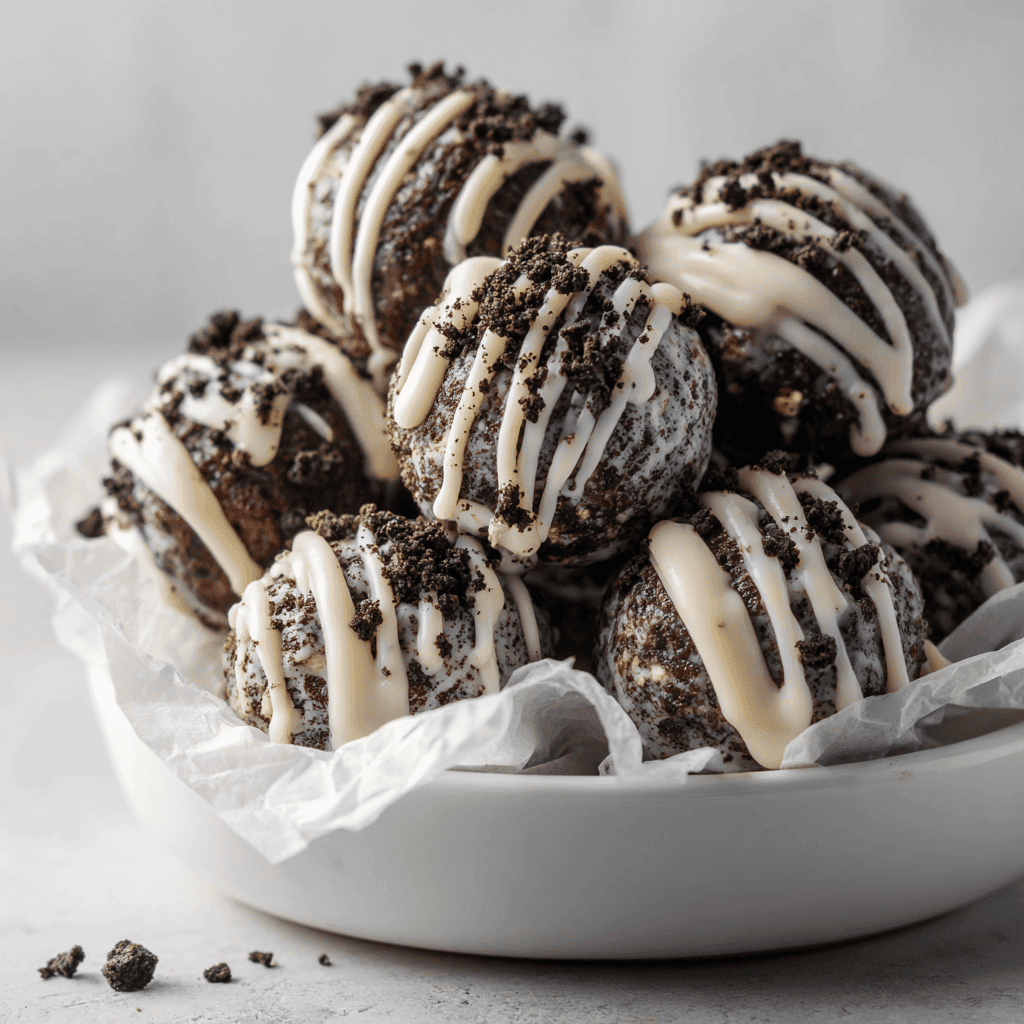 Close-up bowl of Oreo protein balls topped with crushed cookies and white chocolate drizzle.
