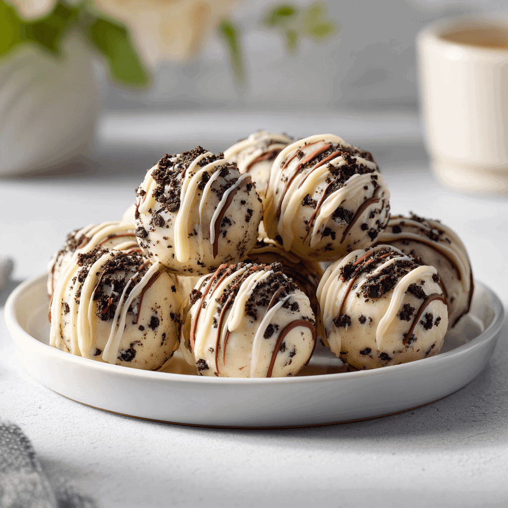 Oreo protein balls arranged on a white plate with cookie crumb texture and white chocolate drizzle.