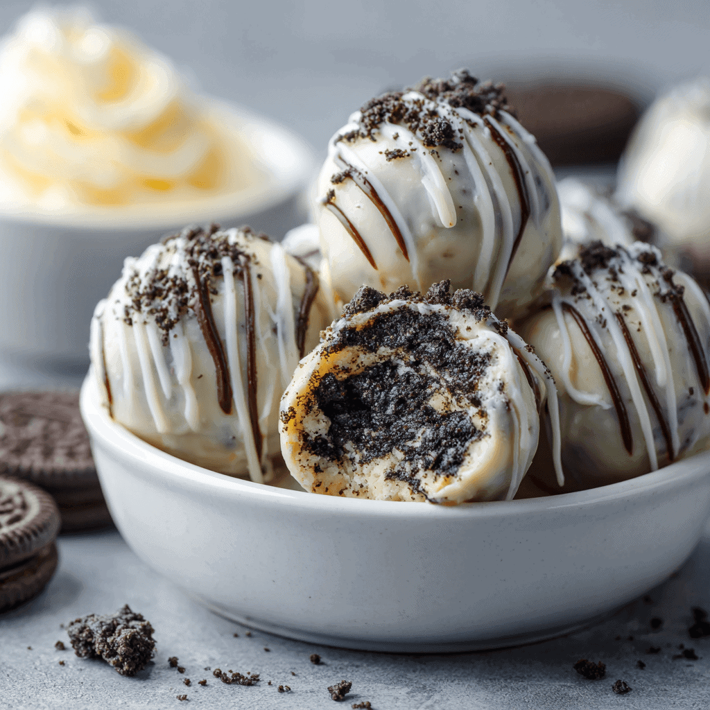 Close-up of Oreo protein balls with cookie crumbs and white chocolate drizzle, highlighting texture and ingredients.