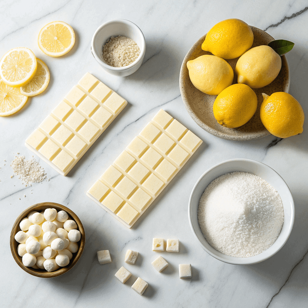 Ingredients for lemon truffles including white chocolate, heavy cream, lemons, and confectioners’ sugar.