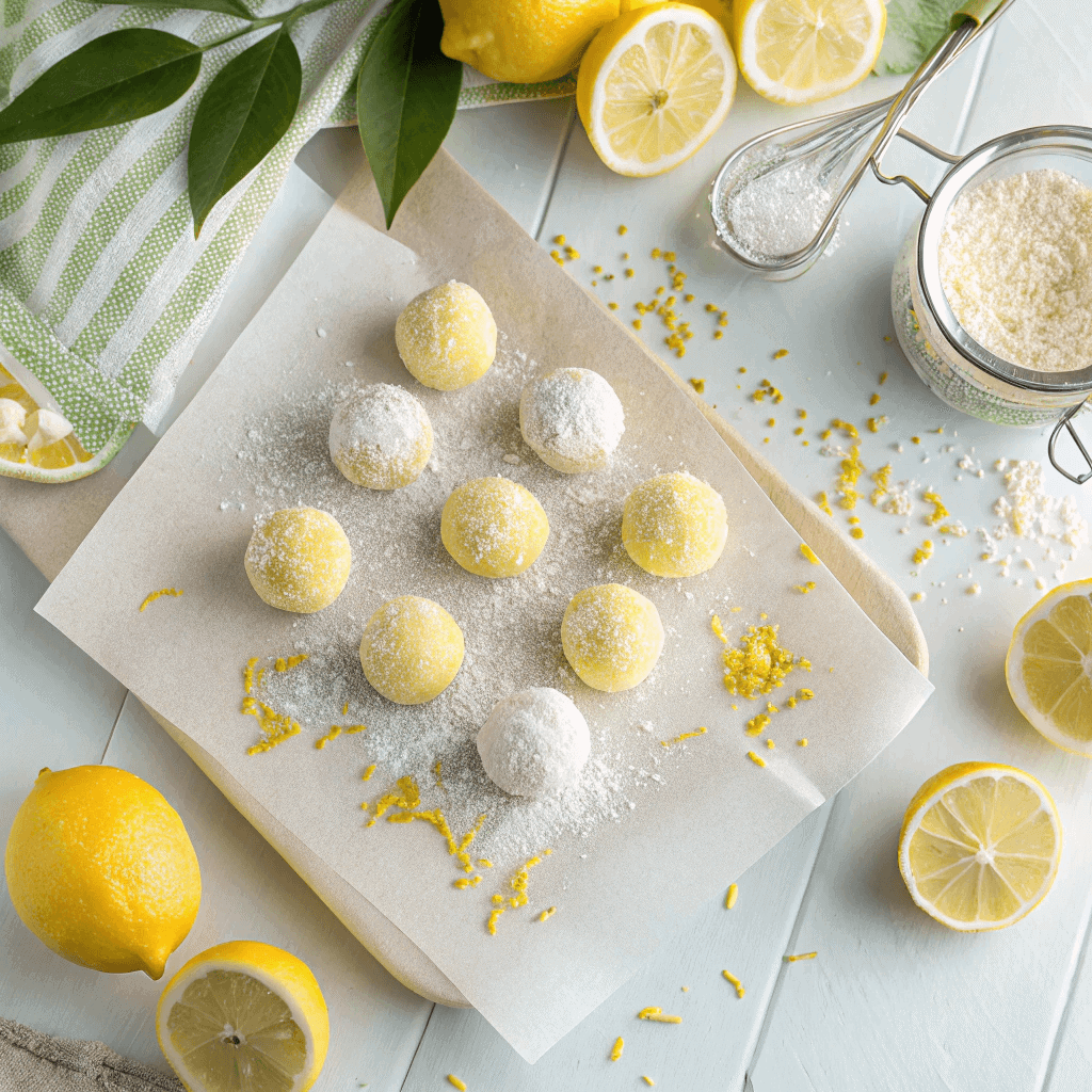 Overhead view of lemon truffles on parchment paper with lemon zest.