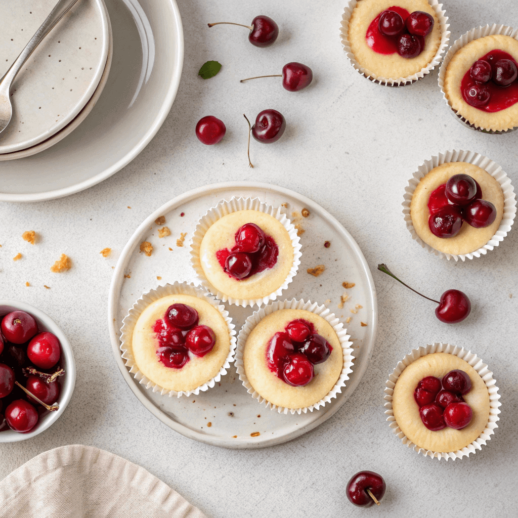 Overhead image of several mini cherry cheesecakes arranged on a tabletop.
