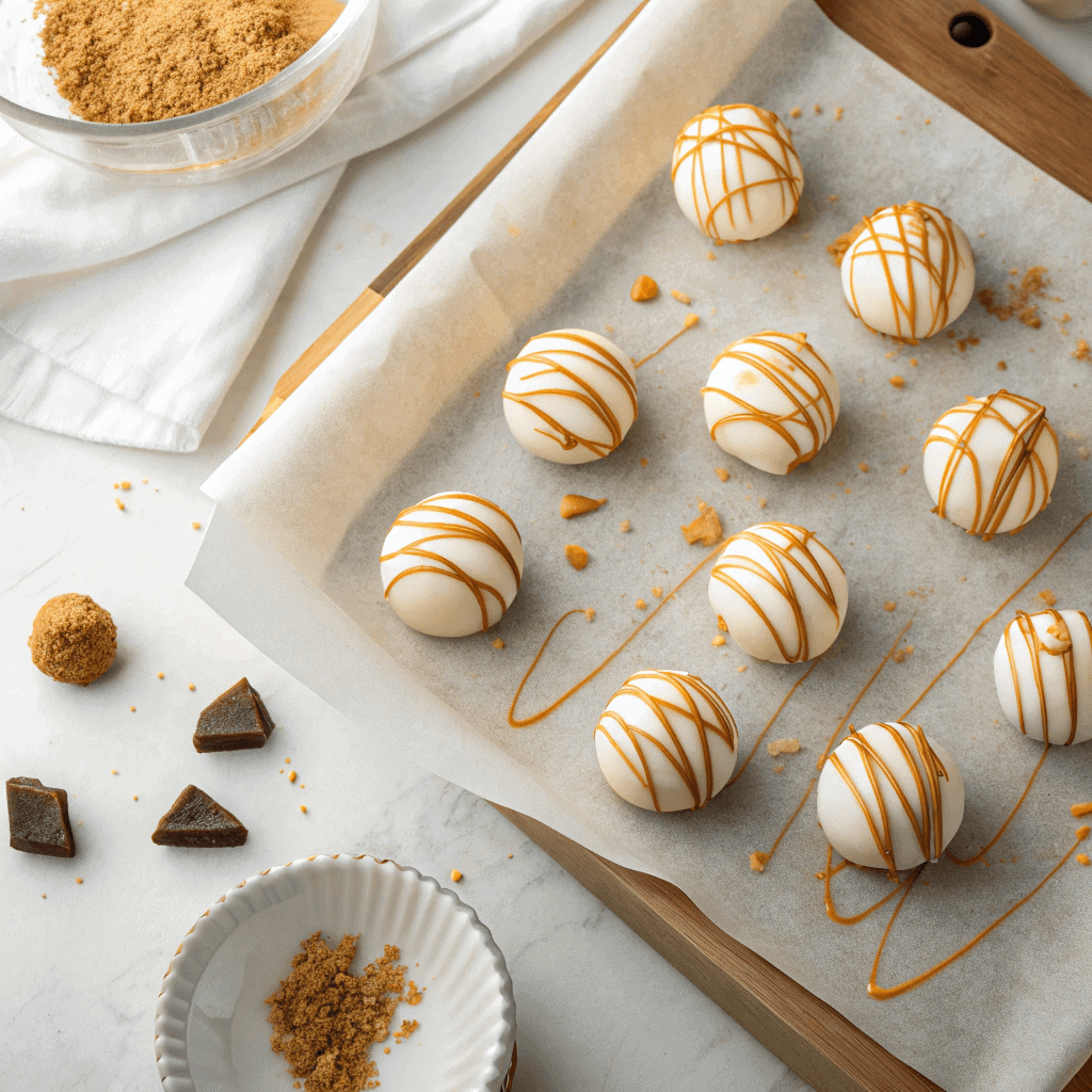 Overhead view of white-chocolate-covered Biscoff truffles drizzled with caramel on parchment paper.