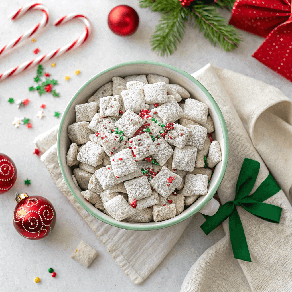 Festive Christmas Puppy Chow: The Ultimate Holiday Treat 1 Overhead view of Christmas Puppy Chow with holiday sprinkles in a white bowl.