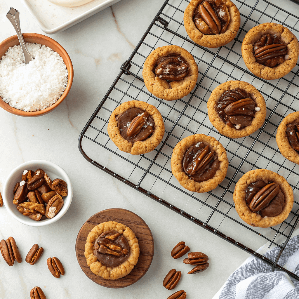 Delicious Pecan Pie Cookies: A Handheld Holiday Treat 1 Overhead flat-lay of pecan pie cookies on a cooling rack with pecans and flaky salt.