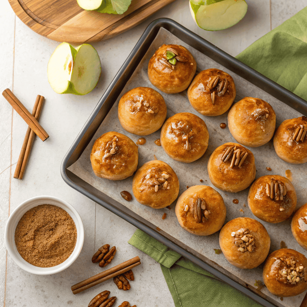 Caramel apple bombs served on a plate with caramel drizzle and pecans.