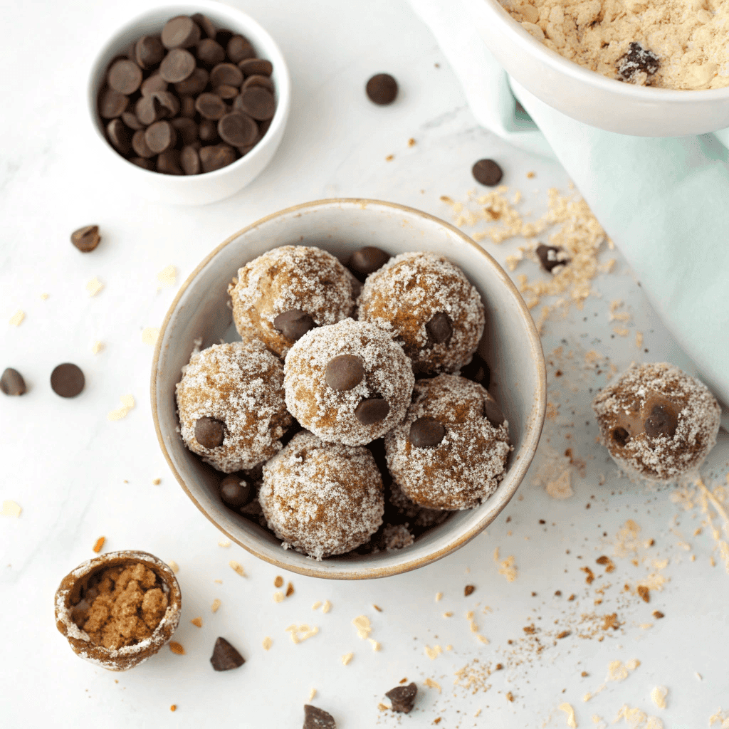 Overhead image of a bowl of no-bake moose farts with scattered crumbs and chocolate chips.