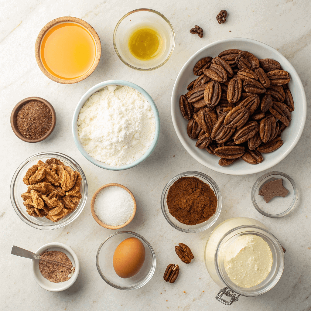 Delicious Pecan Pie Cookies: A Handheld Holiday Treat 2 Overhead image of ingredients for pecan pie cookies arranged on a clean surface.