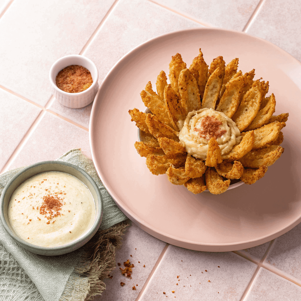 Crispy golden air fryer blooming onion on a pink plate with dipping sauce.