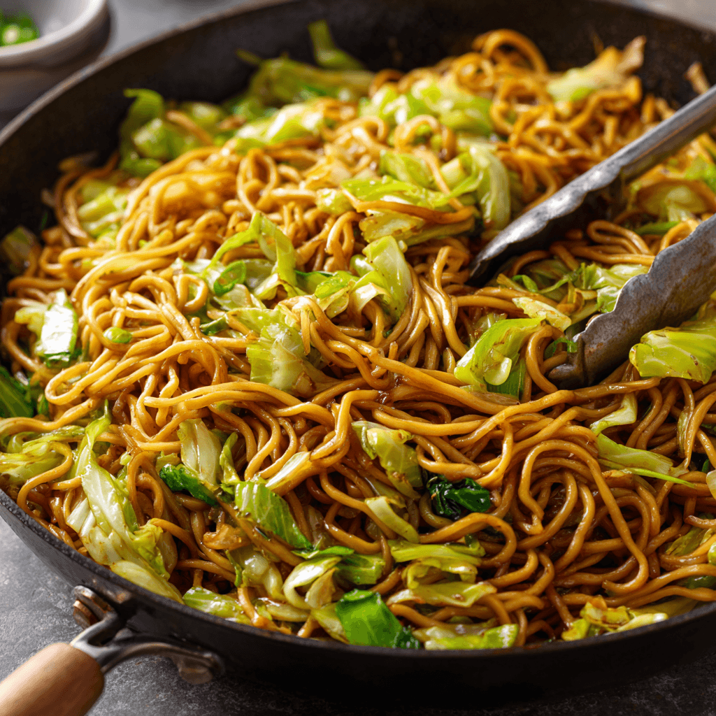 Best Copycat Panda Express Chow Mein 1 Golden noodles with celery and cabbage in a skillet, perfectly clear and detailed.