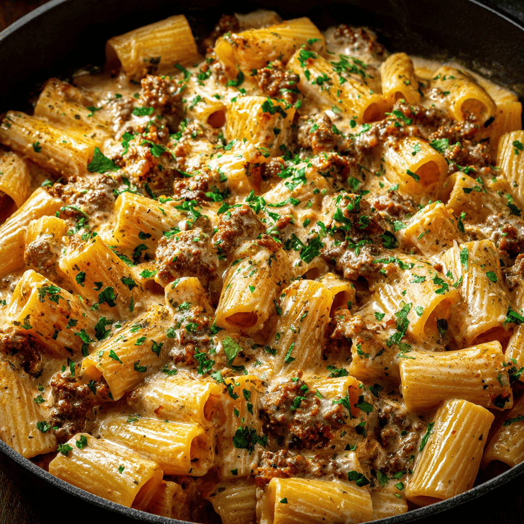 Creamy Parmesan Beef Rigatoni: Your New Weeknight Favorite 4 Skillet of creamy Parmesan Beef Rigatoni with browned beef and parsley in sharp detail.