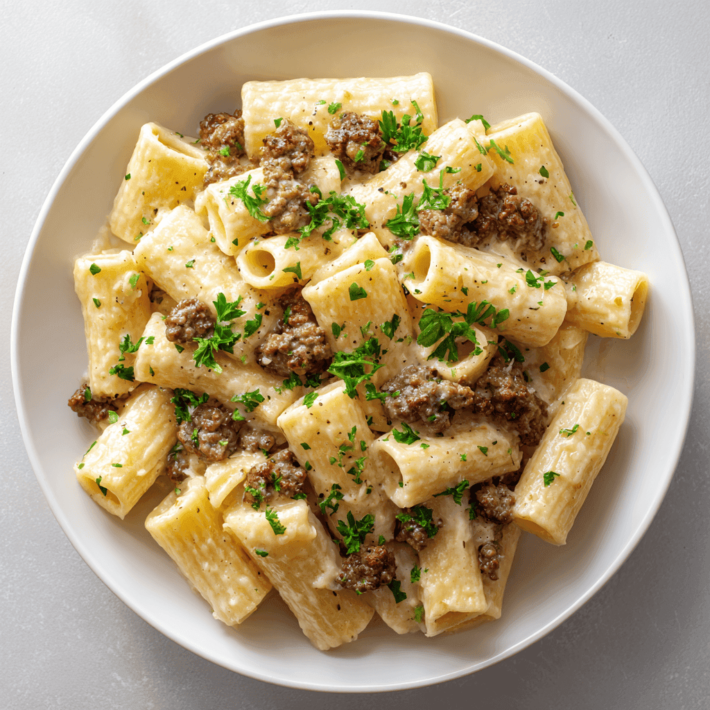 Creamy Parmesan Beef Rigatoni: Your New Weeknight Favorite 2 Parmesan Beef Rigatoni served on a white plate with creamy sauce and beef pieces clearly visible.