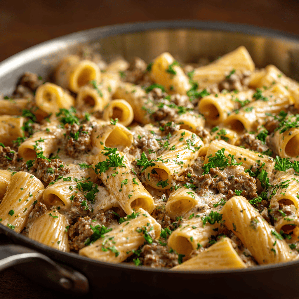Creamy Parmesan Beef Rigatoni: Your New Weeknight Favorite 3 Full skillet of Parmesan Beef Rigatoni showing creamy sauce, beef, and pasta clearly.