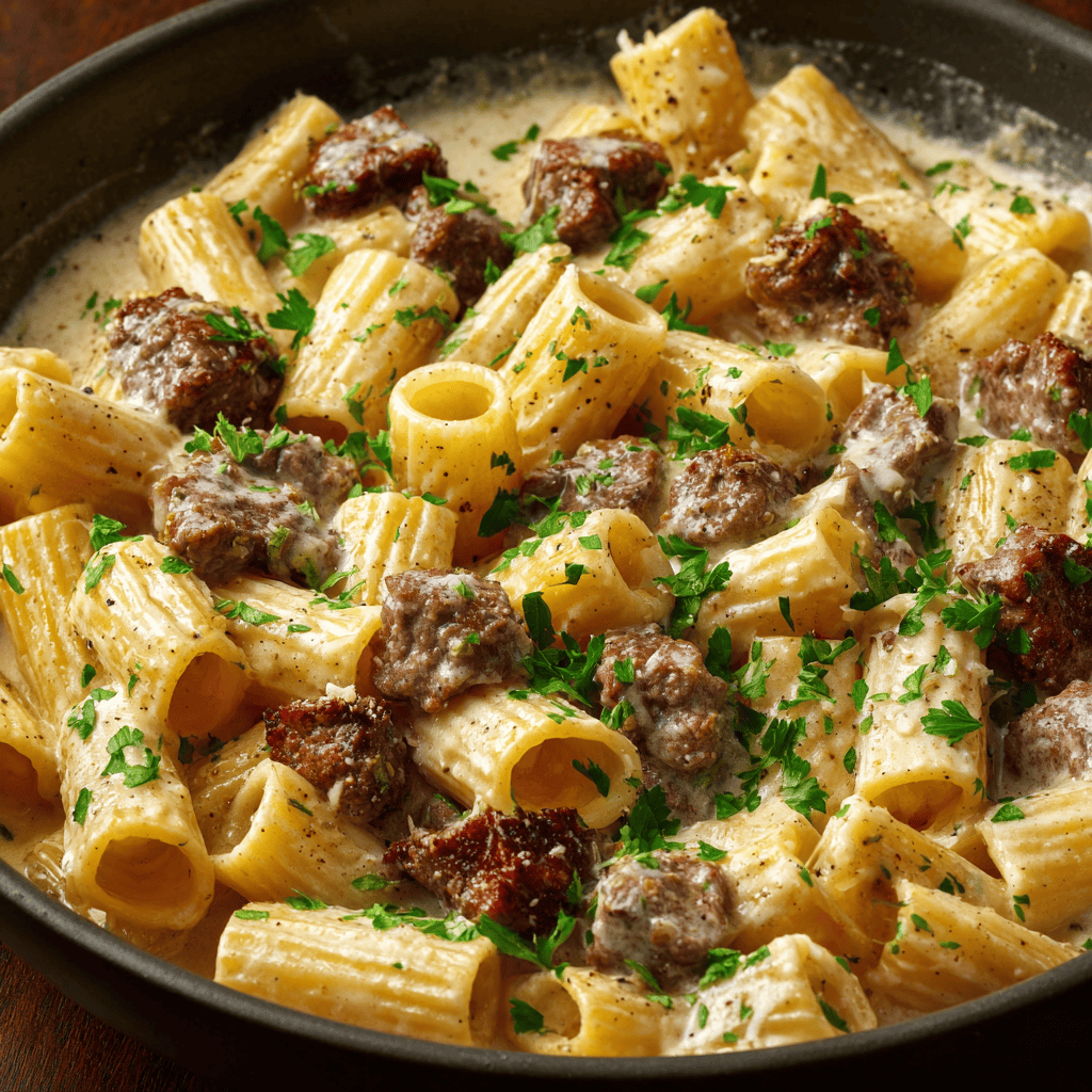 Creamy Parmesan Beef Rigatoni: Your New Weeknight Favorite 1 Creamy Parmesan Beef Rigatoni in a skillet with beef crumbles and parsley visible clearly.