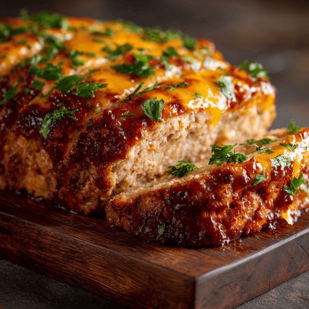 Close-up of golden Parmesan Chicken Meatloaf sliced on a rustic board with melted cheese and herbs.