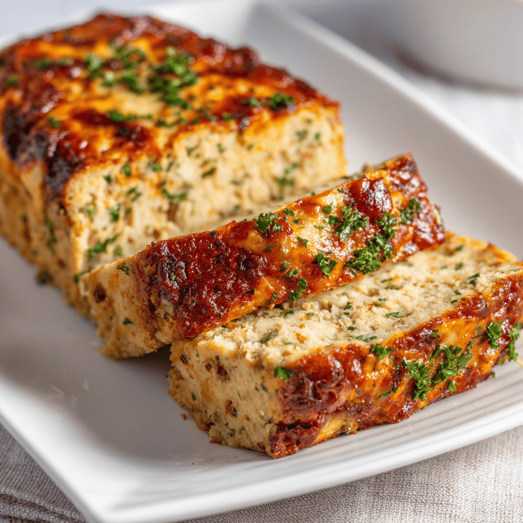 Slices of Parmesan Chicken Meatloaf served on a clean white plate with melted cheese and herbs.