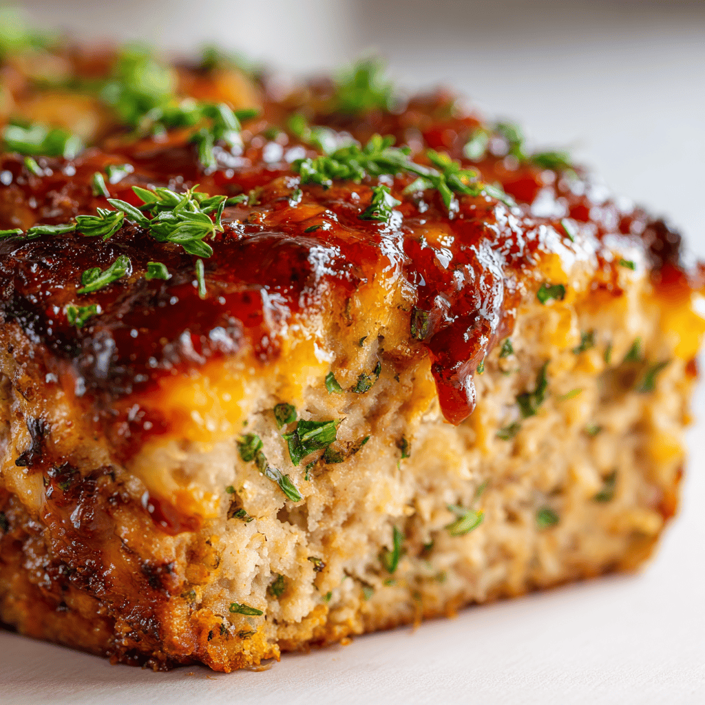 Macro close-up of perfectly baked Parmesan Chicken Meatloaf with golden cheese and herbs.