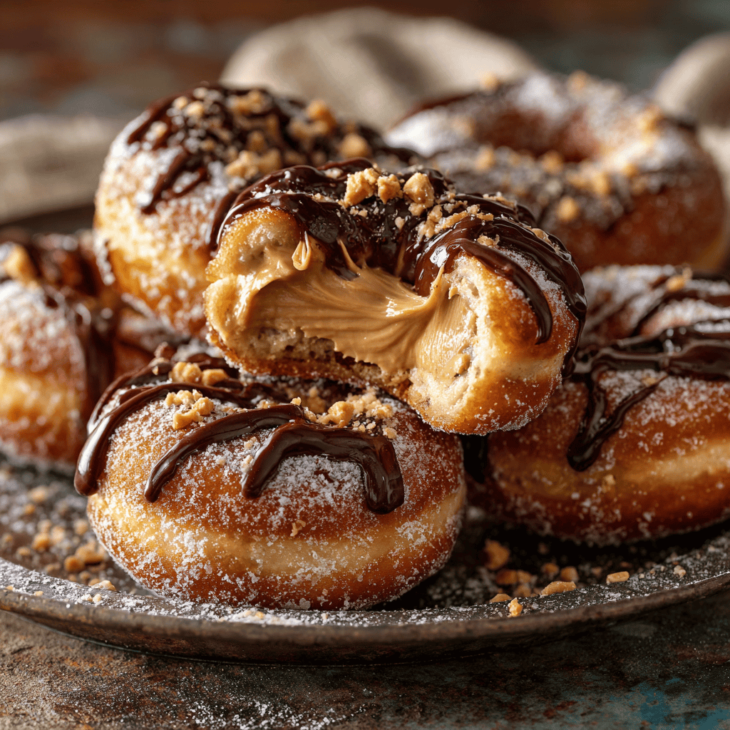 Close-up Peanut Butter Cheesecake Donuts with chocolate drizzle and creamy filling on a rustic tray.