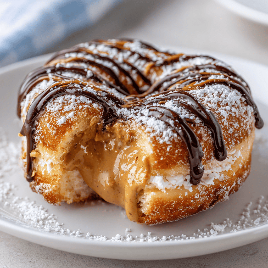 Peanut Butter Cheesecake Donut on a white plate with chocolate drizzle and creamy filling visible.