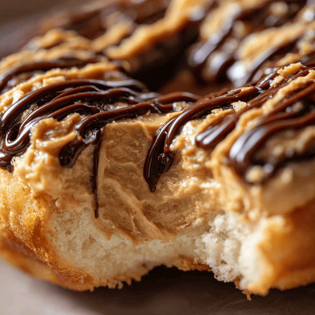 Macro close-up of a Peanut Butter Cheesecake Donut showing creamy filling and chocolate drizzle.