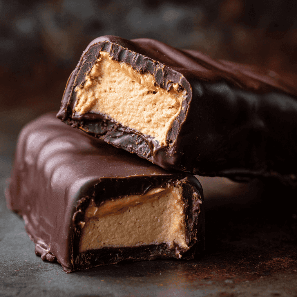Peanut Butter Frozen Yogurt Bars: Light, Protein-Packed Treat 4 Close-up chocolate-coated Peanut Butter Frozen Yogurt Bars with one showing a creamy peanut butter center.