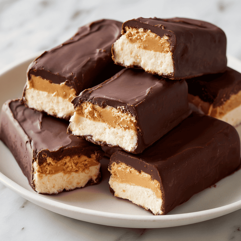 Peanut Butter Frozen Yogurt Bars: Light, Protein-Packed Treat 2 Chocolate-dipped Peanut Butter Frozen Yogurt Bars arranged on a white plate with one showing the filling.