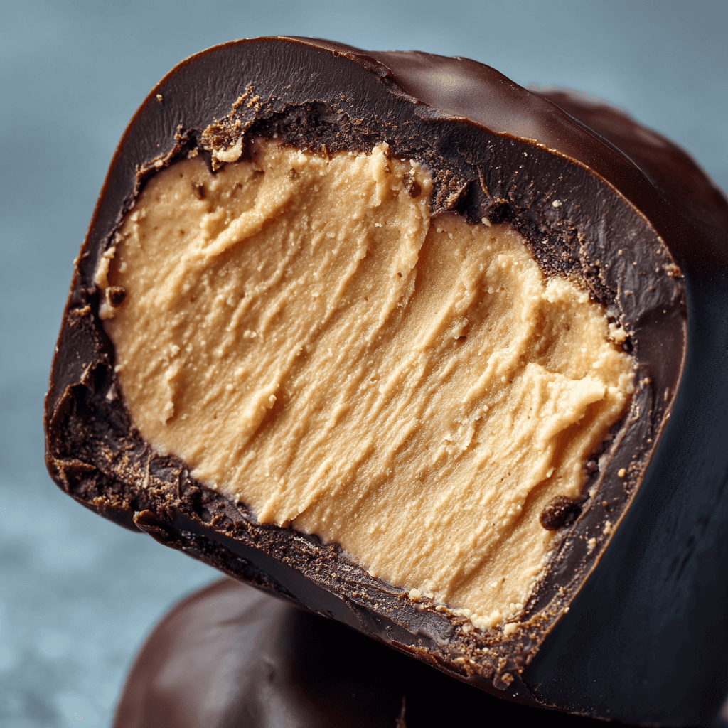 Peanut Butter Frozen Yogurt Bars: Light, Protein-Packed Treat 3 Macro close-up of a chocolate-coated Peanut Butter Frozen Yogurt Bar with creamy peanut butter filling.