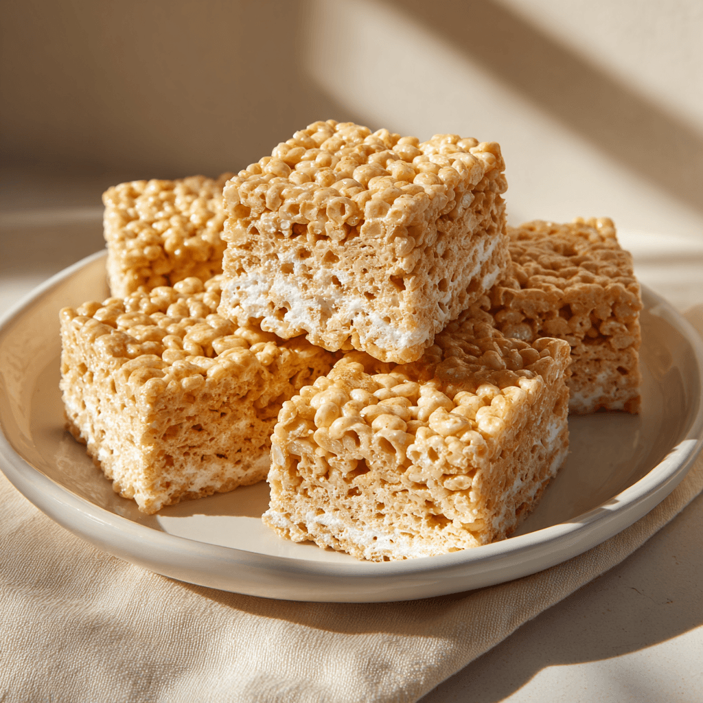 Peanut butter Rice Krispies treats arranged on a white plate with soft natural lighting highlighting their gooey, chewy texture.