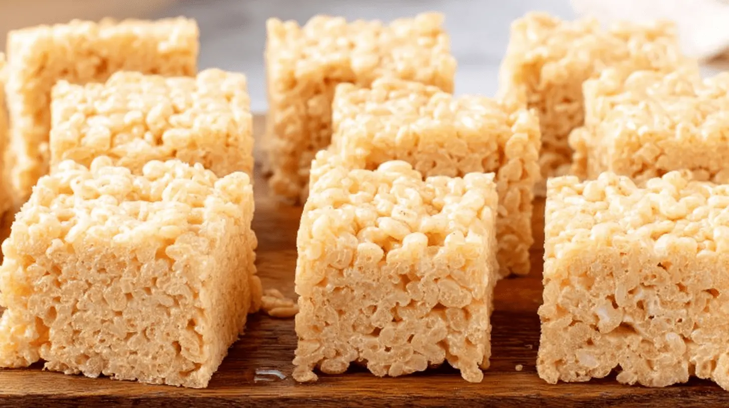 Close-up of homemade Peanut Butter Rice Krispies Treats with a gooey texture, arranged on a rustic wooden surface.