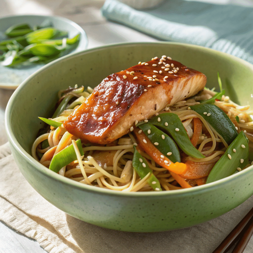 Bowl of chili salmon noodles with vegetables and sesame seeds, matching the reference image.