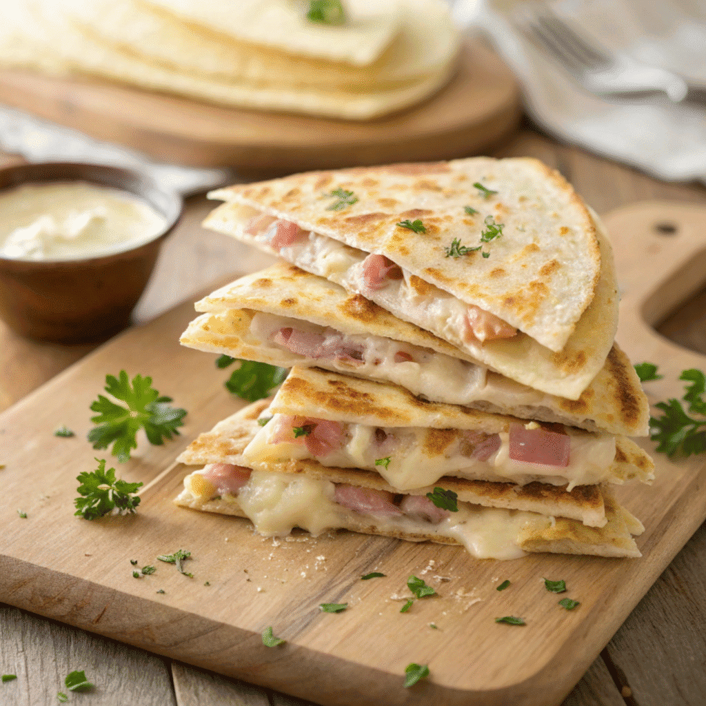 Golden cheesy cordon bleu quesadillas stacked with ham and herbs, matching the reference photo.