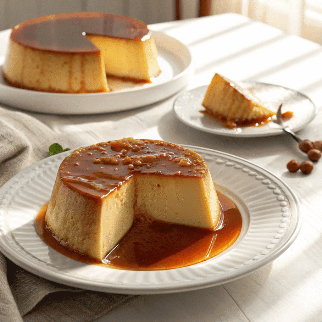 Brazilian flan with caramel topping and a slice removed, styled to match the reference photo.