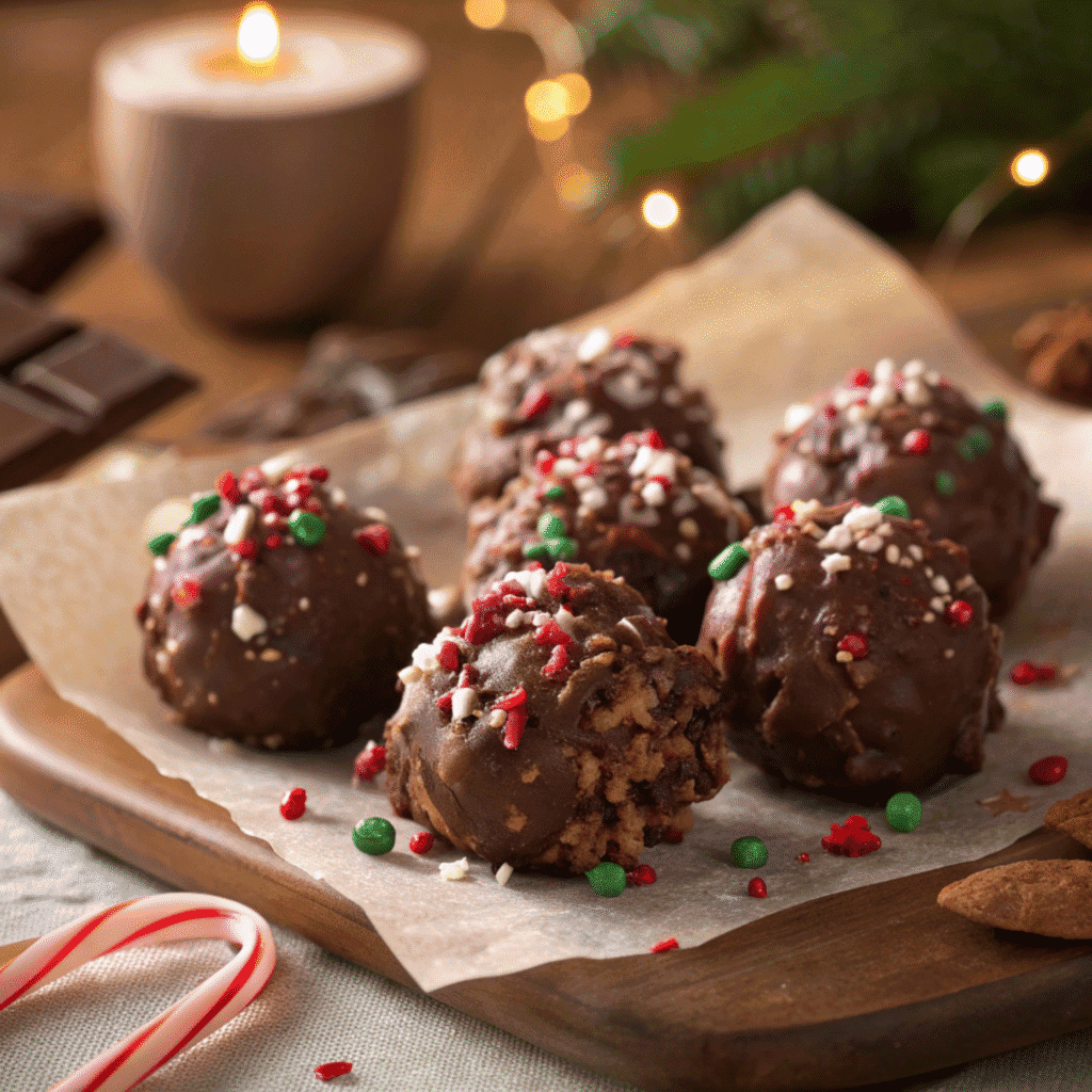 Chocolate crock pot candy clusters with peppermint and sprinkles arranged like the reference image.