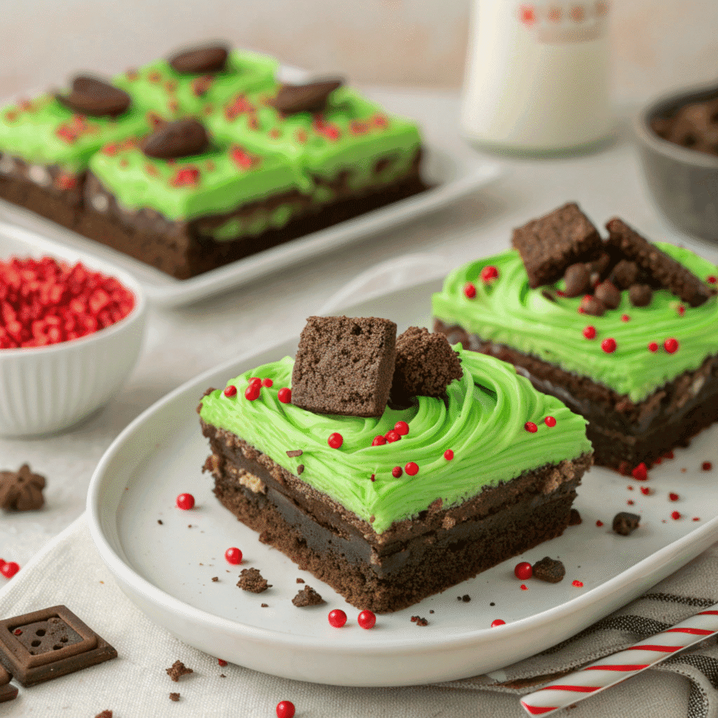 Grinch brownies with neon-green frosting, cookie chunks, and red candies arranged like the reference image.