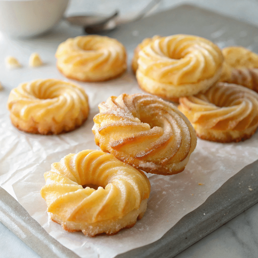 French crullers stacked and scattered on wax paper with glossy glaze, matching the reference photo.