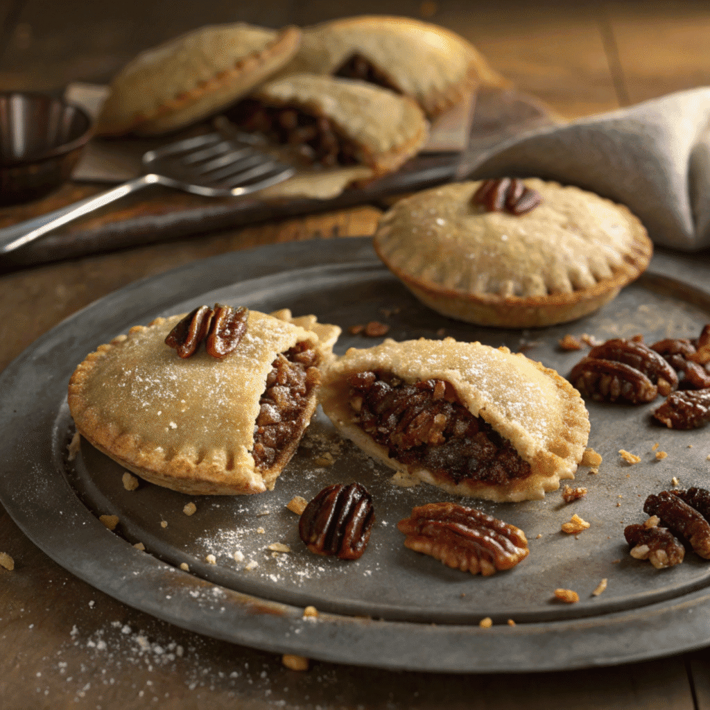 Delicious Pecan Hand Pies: Your Easy Holiday Treat 1 Golden pecan hand pies on a rustic metal plate with some cut open, matching the reference photo.