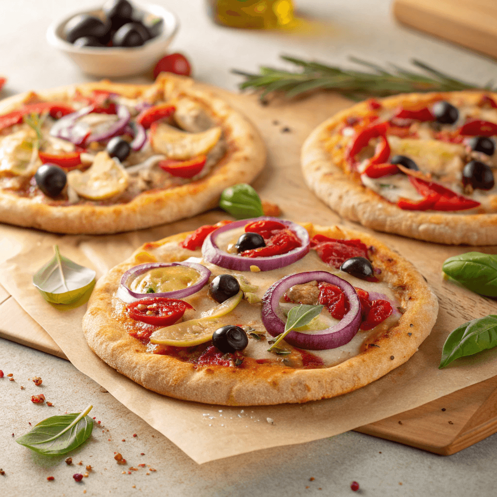 Pita Pizza Recipe – Quick, Easy 10-Minute Dinner 1 Mini pita pizzas with colorful Mediterranean toppings arranged like the reference image.
