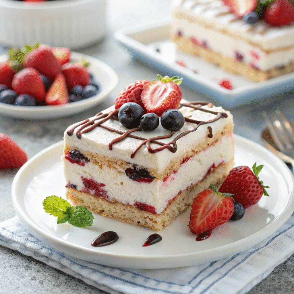 Layered berry icebox cake slice with whipped cream, strawberries, blueberries, and white-chocolate drizzle, matching the reference photo.