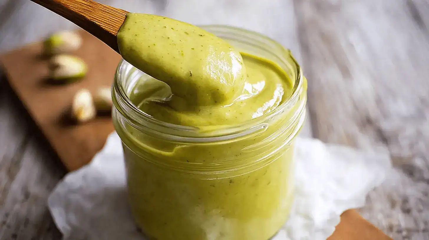 Delicious Homemade Pistachio Cream Recipe (Crema al Pistacchio) 3 Creamy homemade pistachio cream in a glass jar with a wooden spoon, perfect for a delightful pistachio cream recipe.