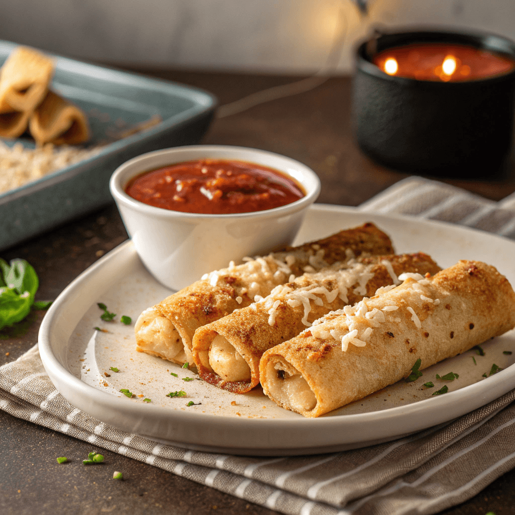 Cheesy Taco Sticks: Easy Recipe for a Crowd-Pleasing Snack 1 Plate of multiple cheesy taco sticks with marinara dipping sauce.